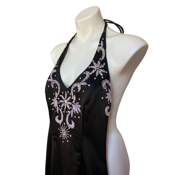 Vintage 90s Beaded Black Maxi Dress Gown Mermaid Pink Floral XXS - Picture 3 of 8